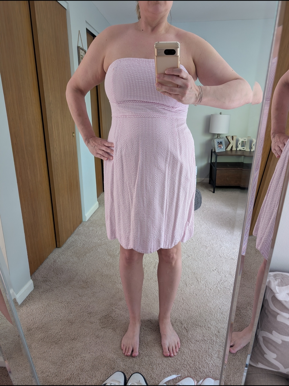 Vineyard Vines Strapless Light Pink Seersucker Dress With Scalloped Hem